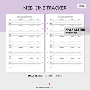 Medicine Tracker (Half-Letter) Printable PDF : H50