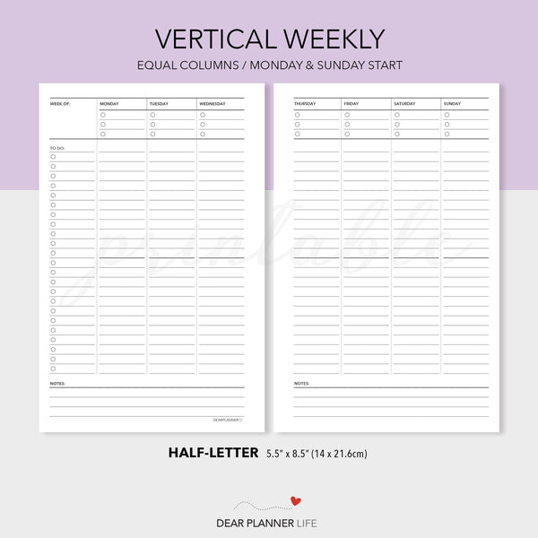 Vertical Weekly with Equal Columns (Half-Letter) Printable PDF : H-52