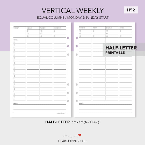 Vertical Weekly with Equal Columns (Half-Letter) Printable PDF : H-52