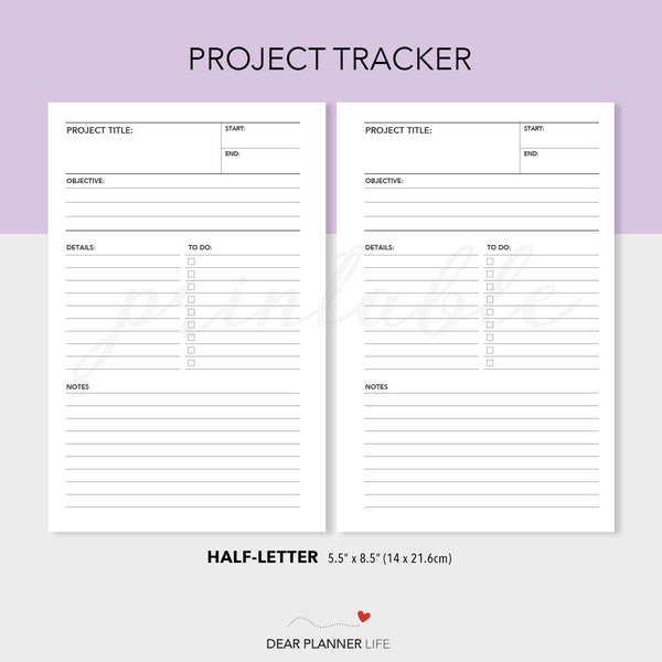 Project Tracker (Half-Letter) Printable PDF : H54