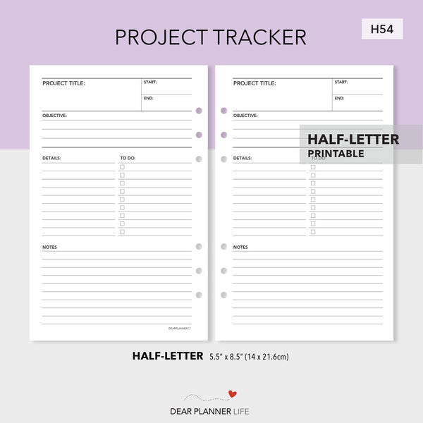 Project Tracker (Half-Letter) Printable PDF : H54