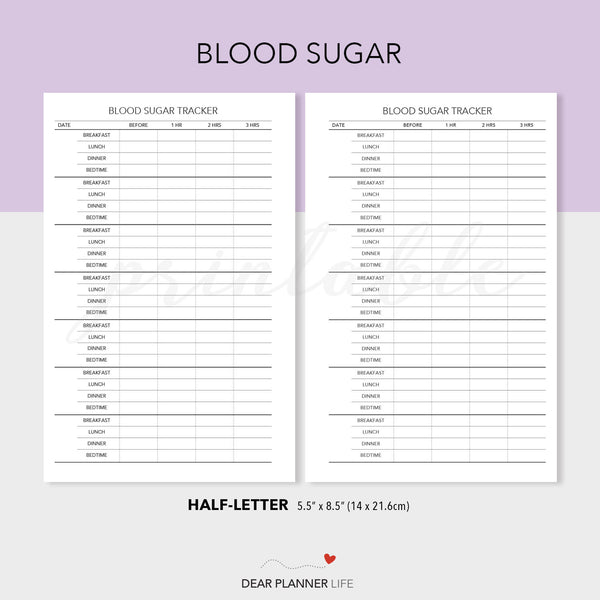 Blood Sugar Tracker (Half-Letter) Printable PDF : H55