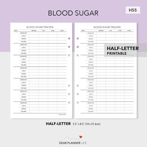 Blood Sugar Tracker (Half-Letter) Printable PDF : H55