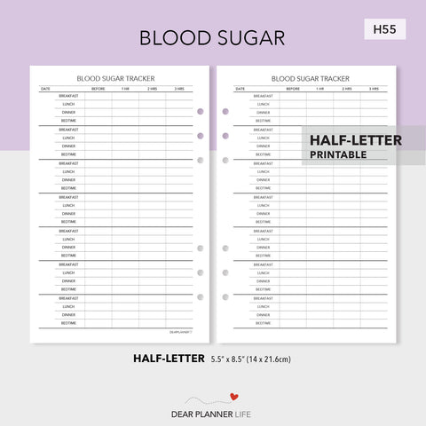 Blood Sugar Tracker (Half-Letter) Printable PDF : H55