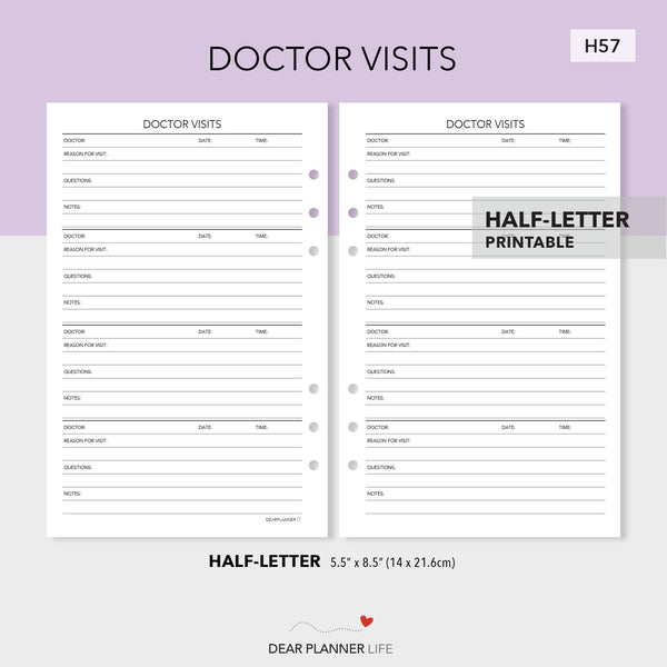 Doctor Visits Tracker (Half-Letter) Printable PDF : H57