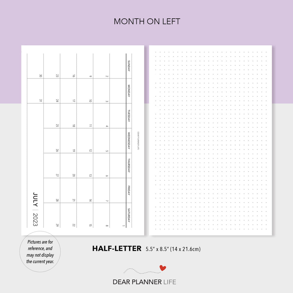 2023 Month on 1 Page Calendar with Dots (Half-Letter) Sunday Start Pri –  DearPlannerLife
