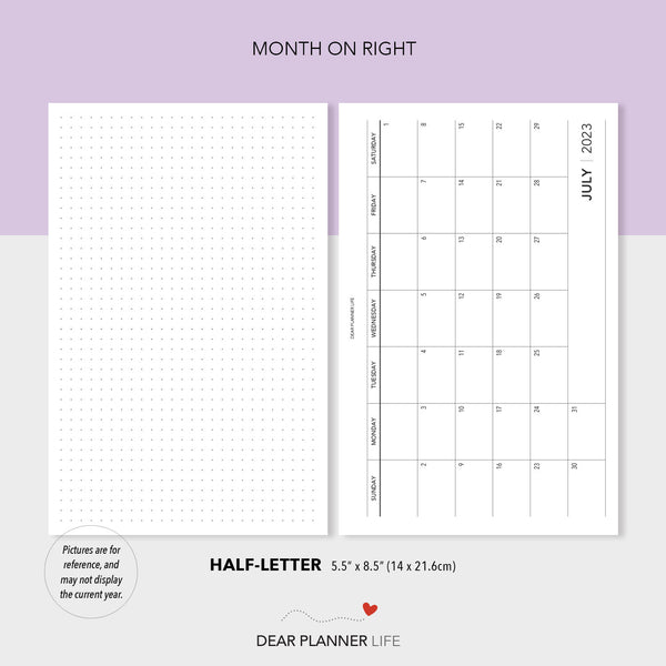 2025 Month on 1 Page Calendar with Dots (Half-Letter) Sunday Start Printable PDF : H-58