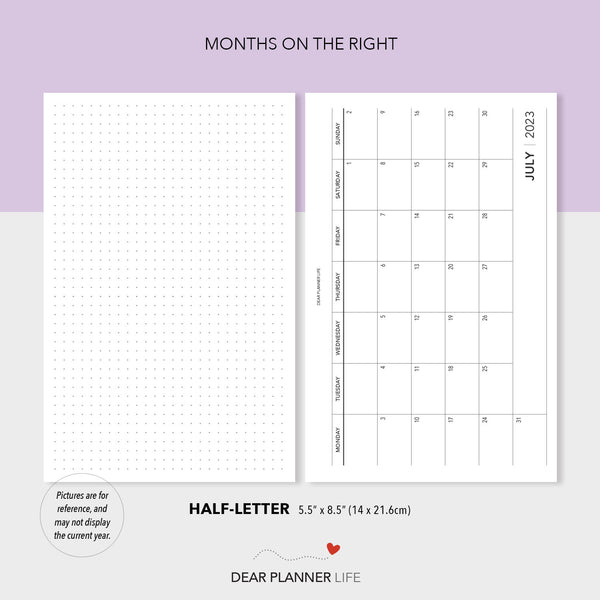 2025 Month on 1 Page Calendar with Dots (Half-Letter) MONDAY Start Printable PDF : H-59