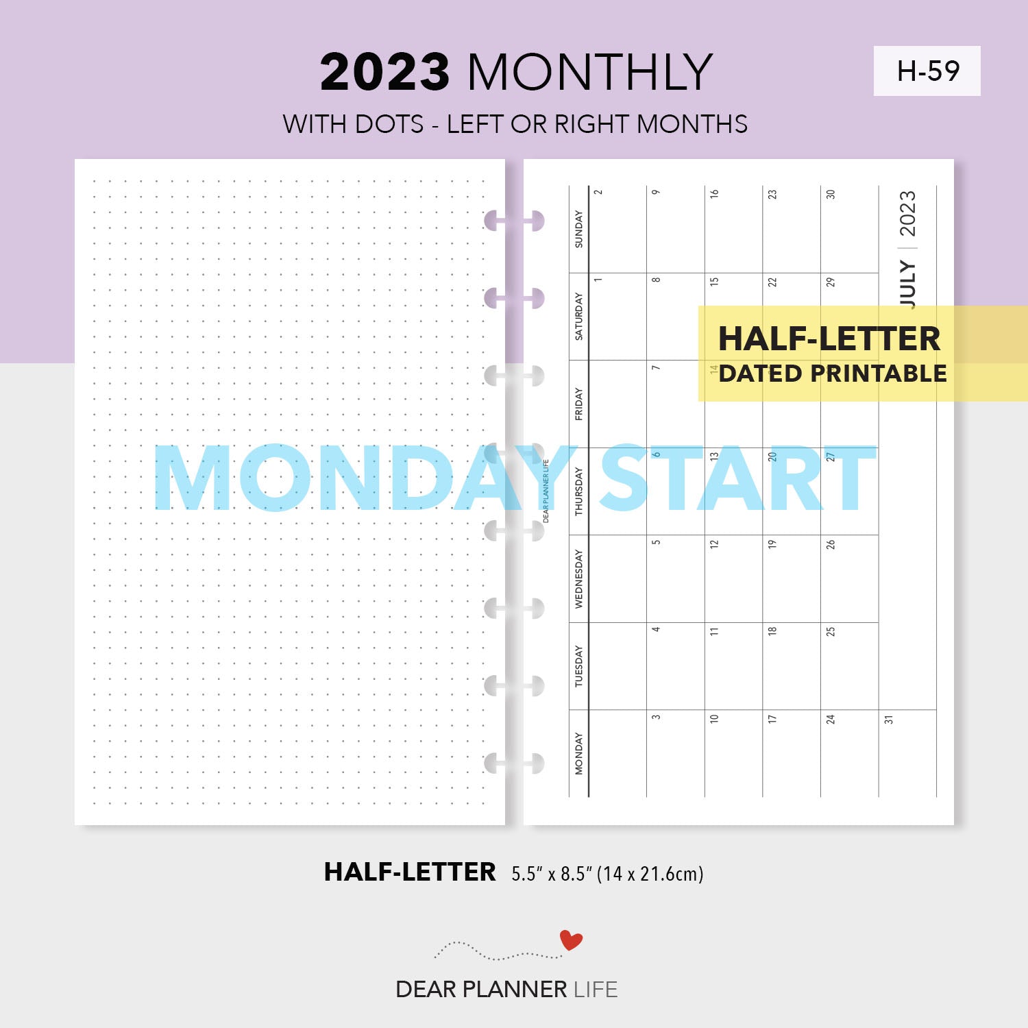 2023 Month on 1 Page Calendar with Dots (Half-Letter) MONDAY Start Pri –  DearPlannerLife