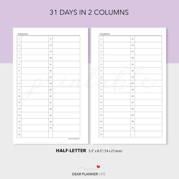 31-Day List Monthly Overview (Half-Letter size) Printable PDF : H-61