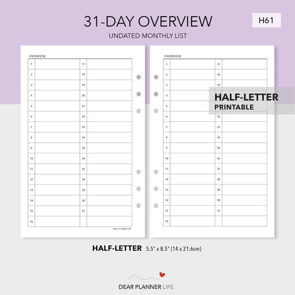 31-Day List Monthly Overview (Half-Letter size) Printable PDF : H-61