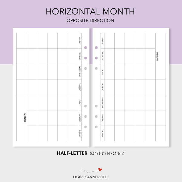 Undated Horizontal Monthly Template (Half-Letter) Printable PDF : H-62