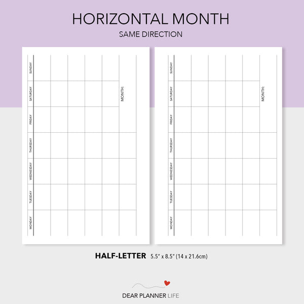 Undated Horizontal Monthly Template (Half-Letter) Printable PDF : H-62