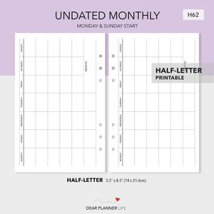 Undated Horizontal Monthly Template (Half-Letter) Printable PDF : H-62