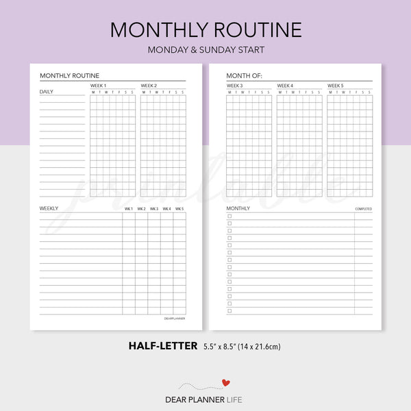 Monthly Routine Overview (Half-Letter size) Printable PDF : H-63