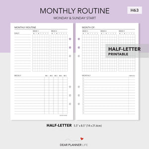 Monthly Routine Overview (Half-Letter size) Printable PDF : H-63