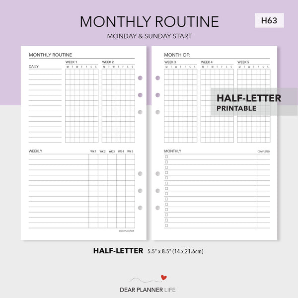 Monthly Routine Overview (Half-Letter size) Printable PDF : H-63