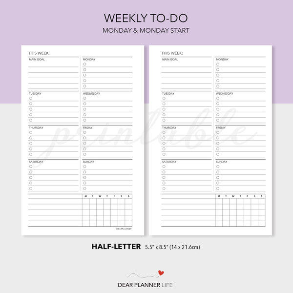 Week on 1 Page (Half-Letter) Printable PDF : H64