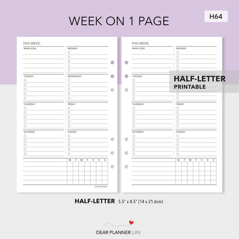 Week on 1 Page (Half-Letter) Printable PDF : H64