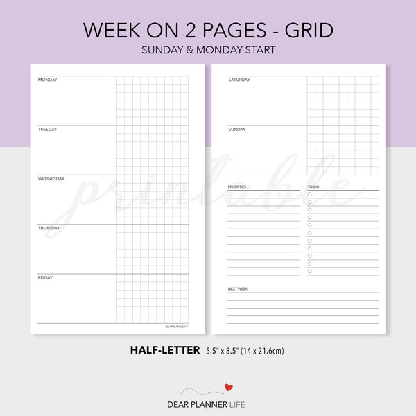 Horizontal Weekly with Grid (Half-Letter size) Printable PDF : H-66