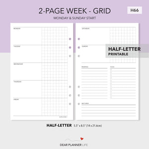 Horizontal Weekly with Grid (Half-Letter size) Printable PDF : H-66