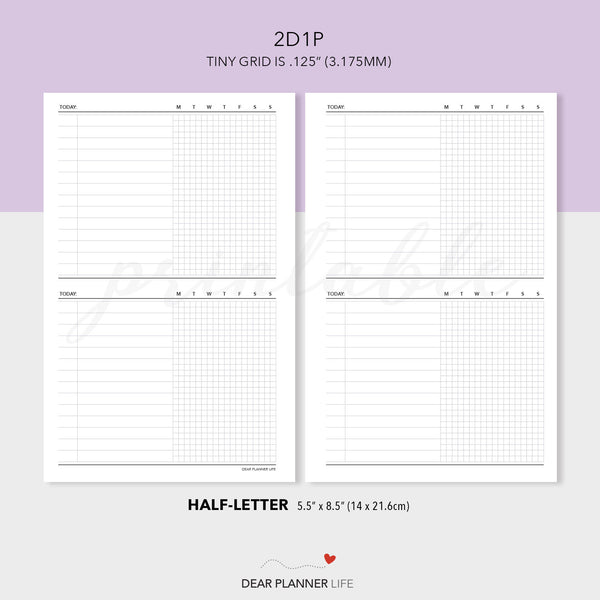 2 Days on 1 Page With Tiny Grid (Half-Letter) Printable PDF : H-72