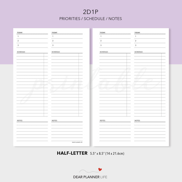 2 Days on 1 Page Vertical Layout (Half-Letter) Printable PDF : H-74