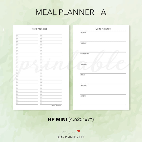 Meal Planner A (Mini HP Size) Printable PDF : M-32 A