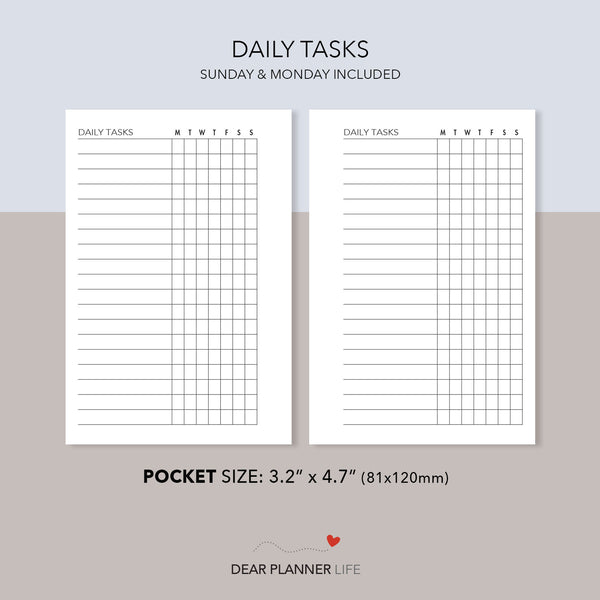 Daily Tasks Tracker (Pocket Size) Printable PDF : K-01