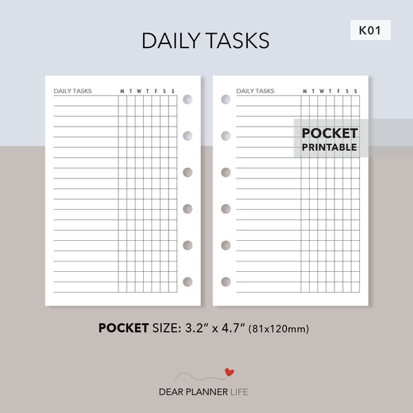 Daily Tasks Tracker (Pocket Size) Printable PDF : K-01