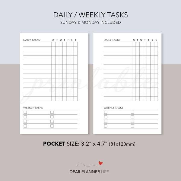 Daily / Weekly Tasks List (Pocket Size) Printable PDF : K-02