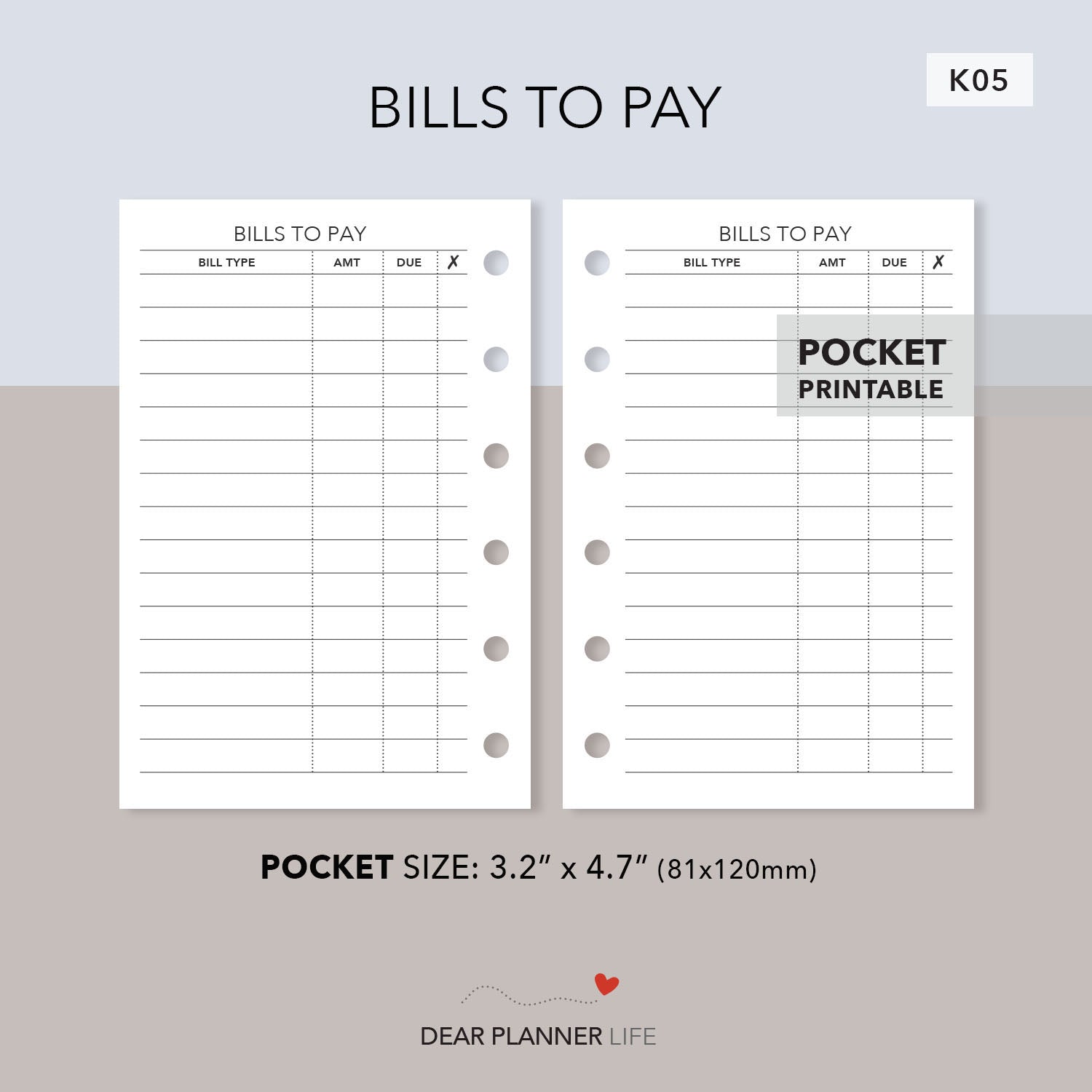 Bills To Pay (Pocket Size) Printable PDF : K-05