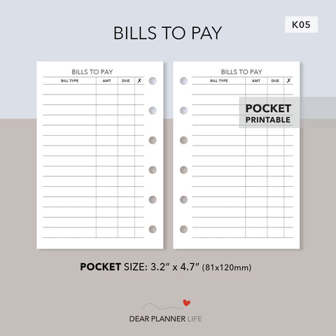 Bills To Pay (Pocket Size) Printable PDF : K-05