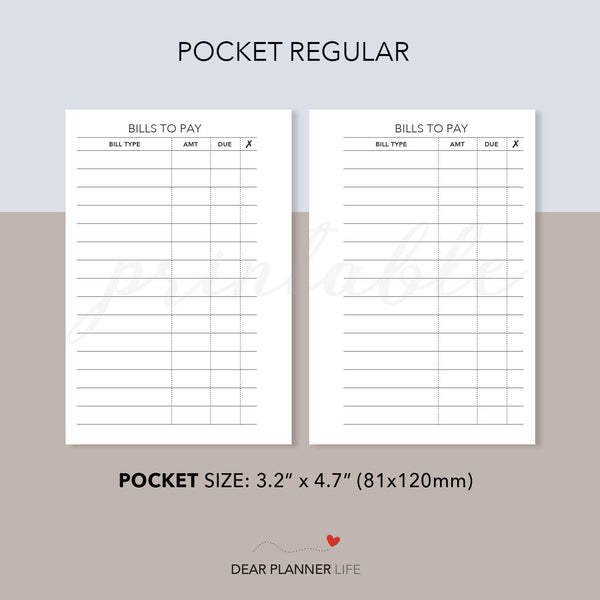 Bills To Pay (Pocket Size) Printable PDF : K-05