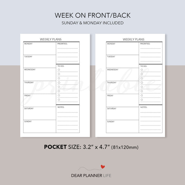 Week on 1 Page, Undated (Pocket Size) Printable PDF : K-07