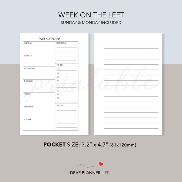 Week on 1 Page, Undated (Pocket Size) Printable PDF : K-07