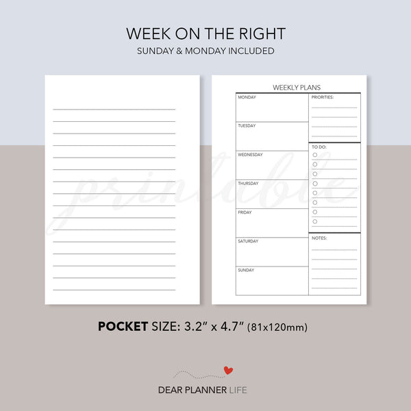 Week on 1 Page, Undated (Pocket Size) Printable PDF : K-07