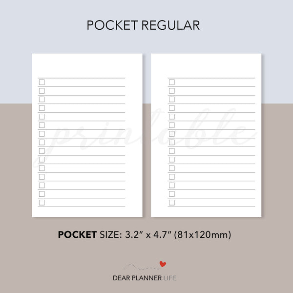 Lined Checklist (Pocket Size) Printable PDF : K09