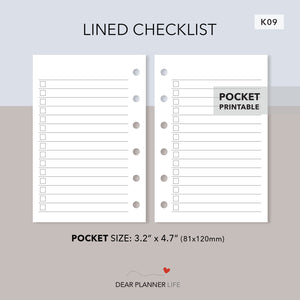 Lined Checklist (Pocket Size) Printable PDF : K09