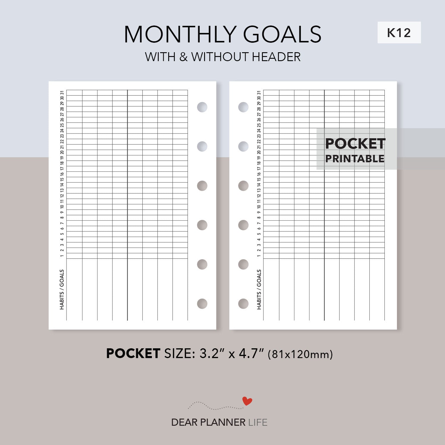 Monthly Goals Tracker (Pocket Size) Printable PDF : K-12