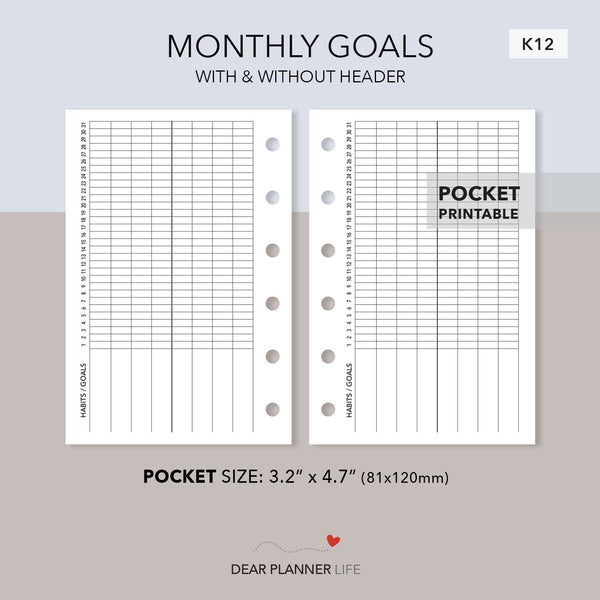 Monthly Goals Tracker (Pocket Size) Printable PDF : K-12