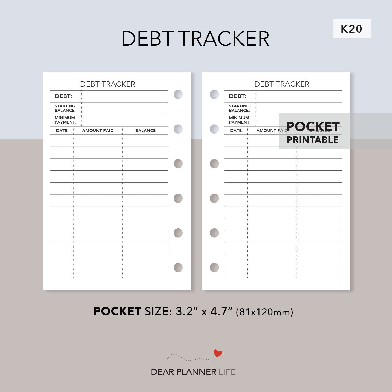 Debt Tracker (Pocket Size) Printable PDF : K20