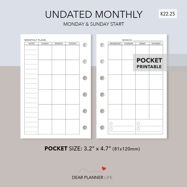 Undated Monthly Template (Pocket Size) Printable PDF : K-22.25