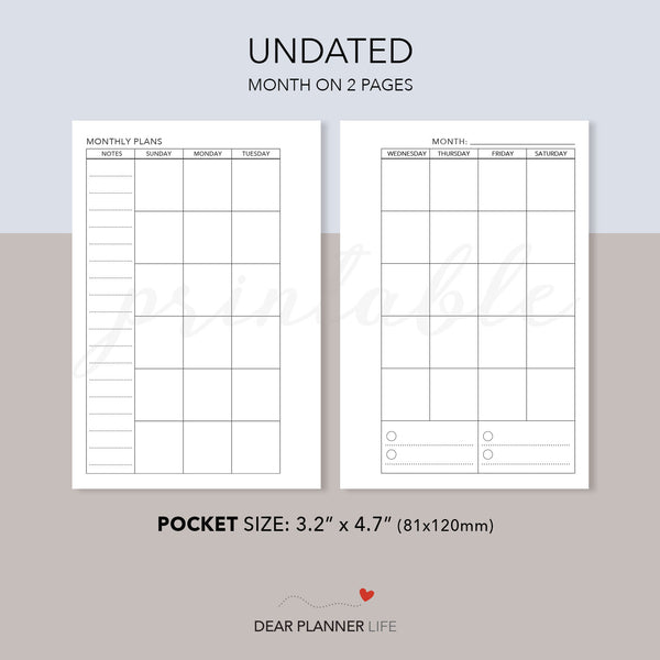 Undated Monthly Template (Pocket Size) Printable PDF : K-22.25