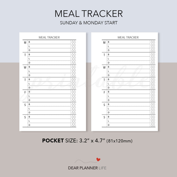 Meal / Food Tracker (Pocket Size) Printable PDF : K-23