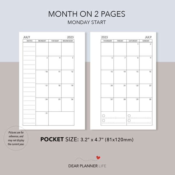 2024 Month on 2 Pages (Pocket Size) MONDAY Start, Printable PDF : K-25