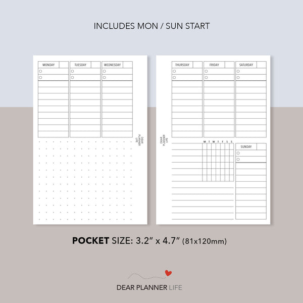 Vertical Week on 2 Pages - Undated (Pocket Size) Printable PDF : K-27