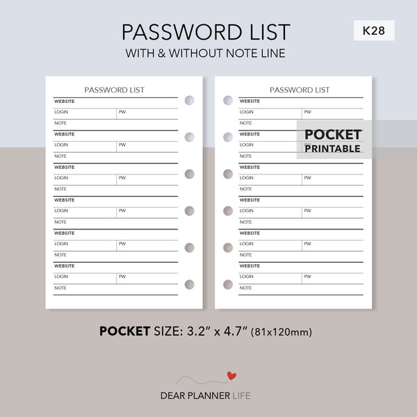 Password List (Pocket Size) Printable PDF : K-28