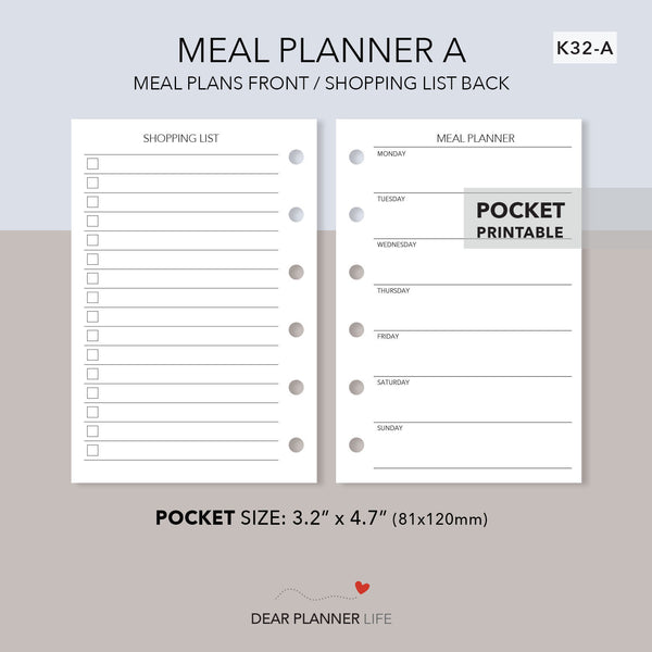 Meal Planner A (Pocket Size) Printable PDF : K32-A