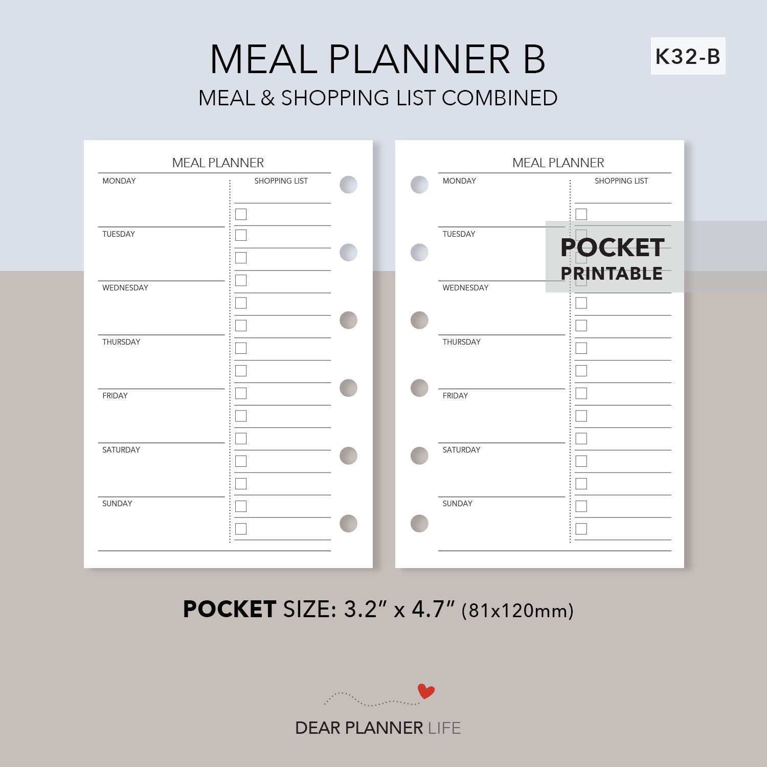 Meal Planner B (Pocket Size) Printable PDF : K32-B